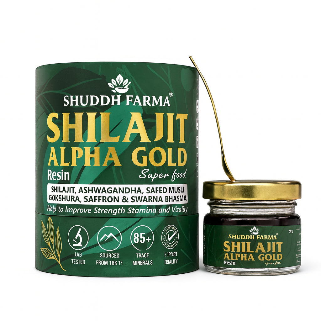 Shilajit Alpha Gold Resin | Enriched With Ashwagandha, Safed Musli, Gokshura, Saffron & Swarna Bhasma | Boost Muscle Growth Strength & Stamina | | 100% Ayurvedic | 500 Mg Per Serving