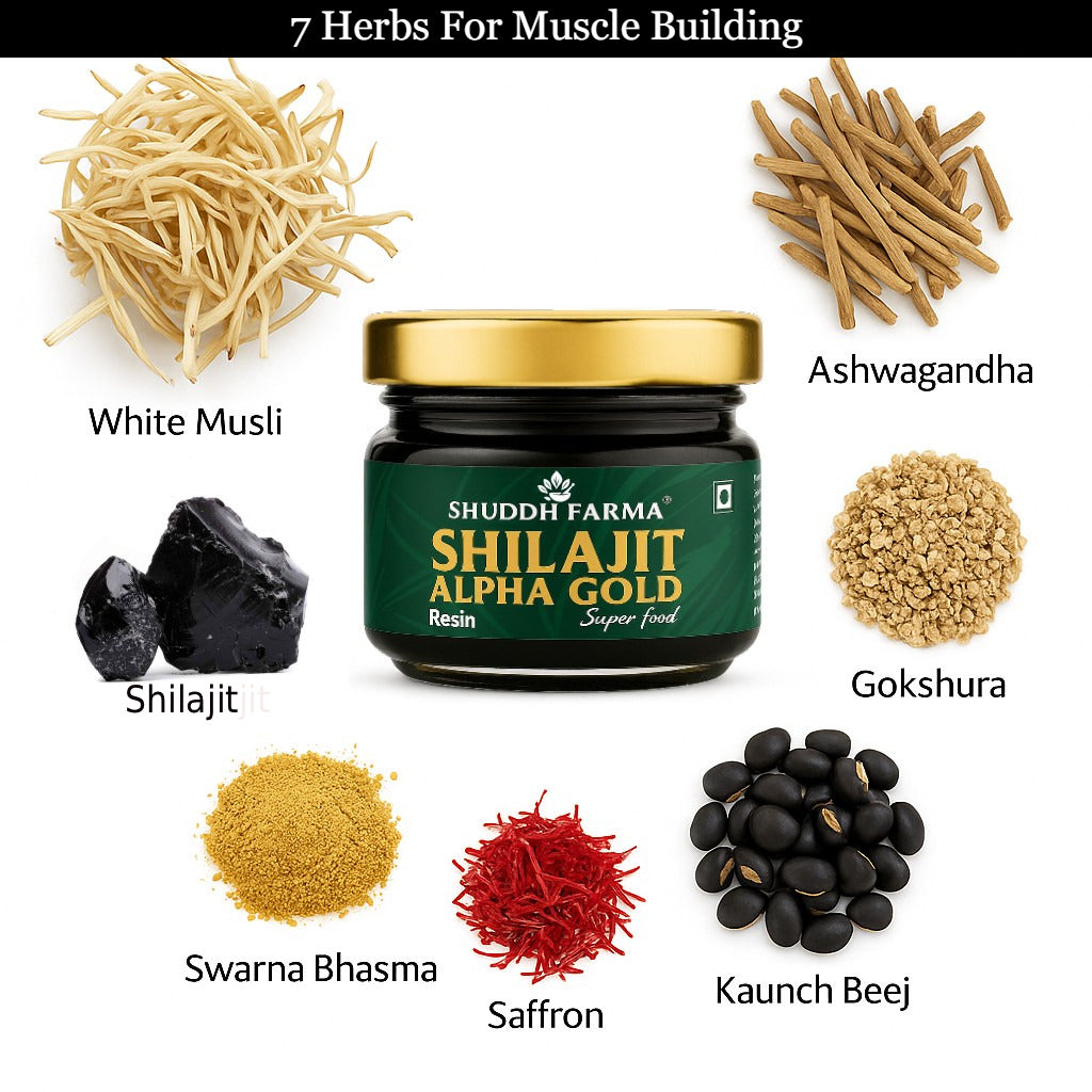 Shilajit Alpha Gold Resin | Enriched With Ashwagandha, Safed Musli, Gokshura, Saffron & Swarna Bhasma | Boost Muscle Growth Strength & Stamina | | 100% Ayurvedic | 500 Mg Per Serving